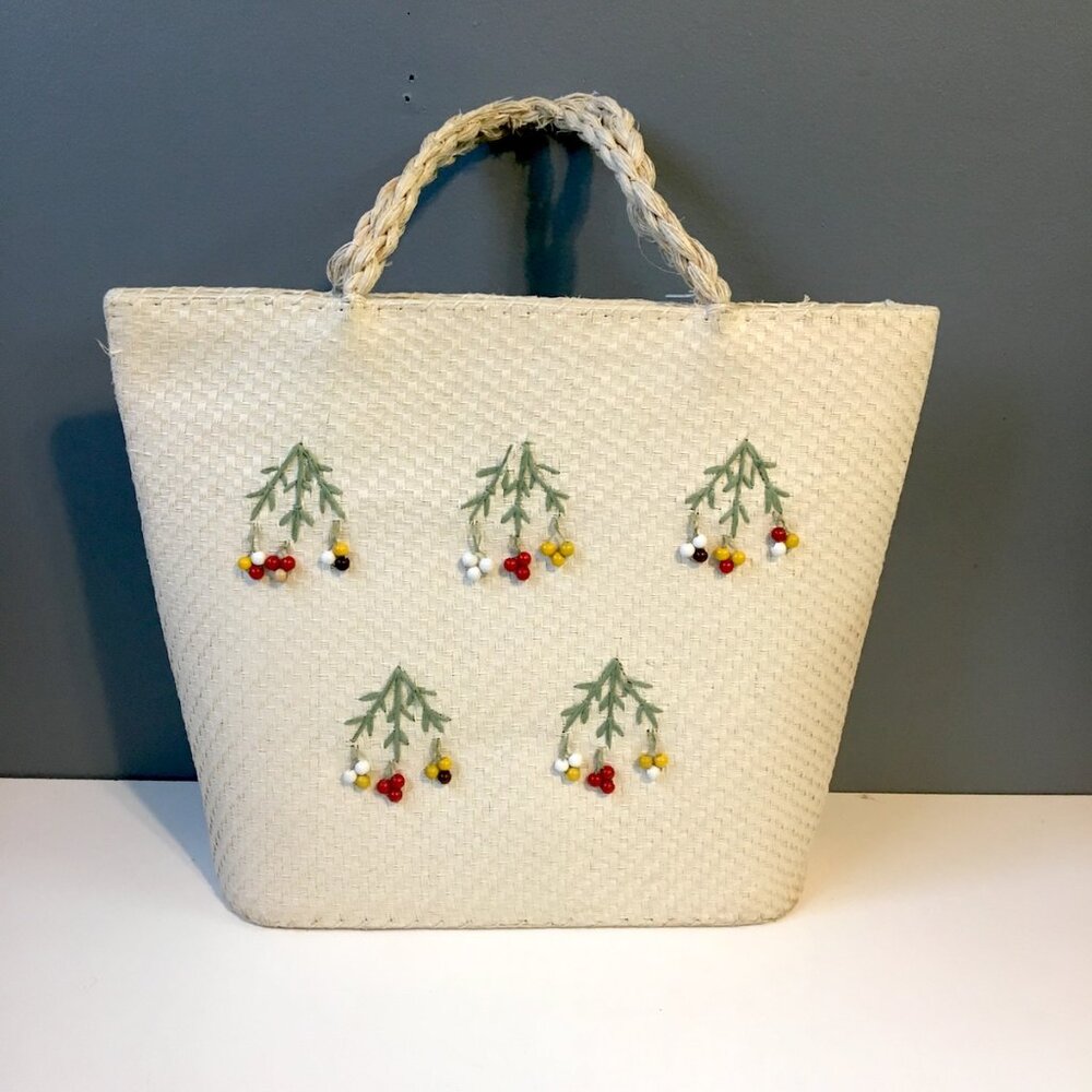 Vintage 1960s woven tote bag -  ecru with embroidery - boho summer
